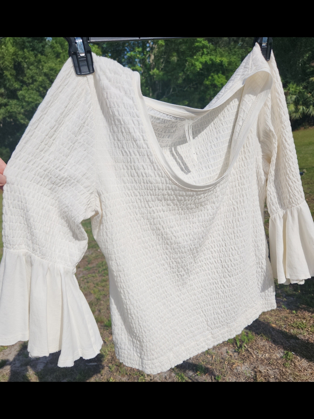 Anthropologie Cream Smocked Bell-Sleeve Blouse Stretchy Top Whimsical medium M